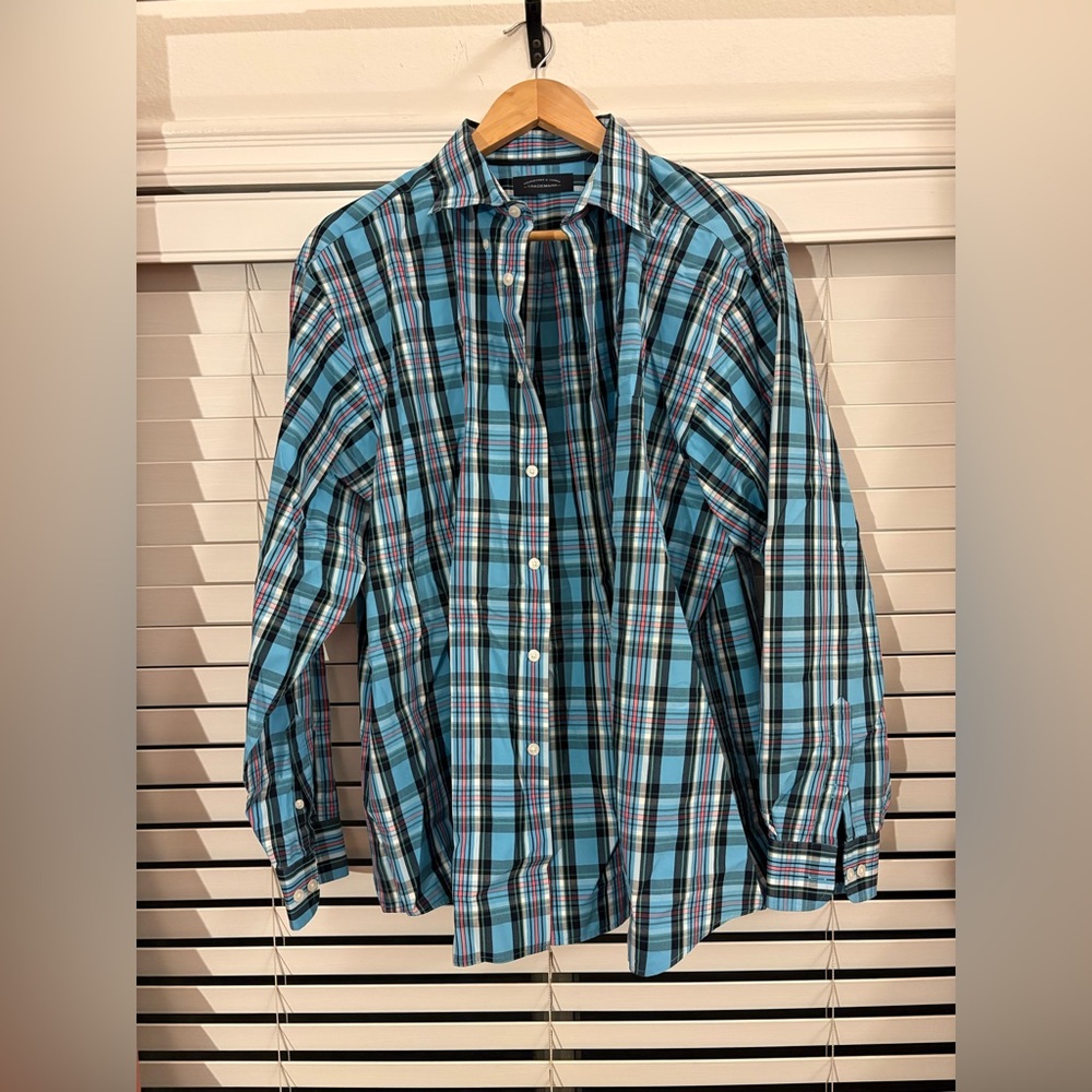 Mens Light Blue Plaid Button Down Shirt